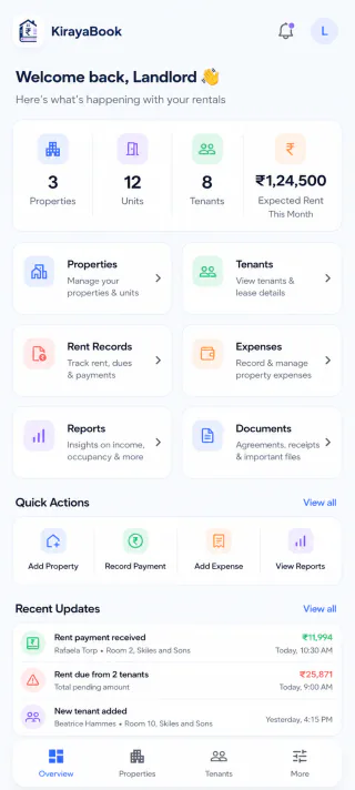 KirayaBook landlord overview mobile screen