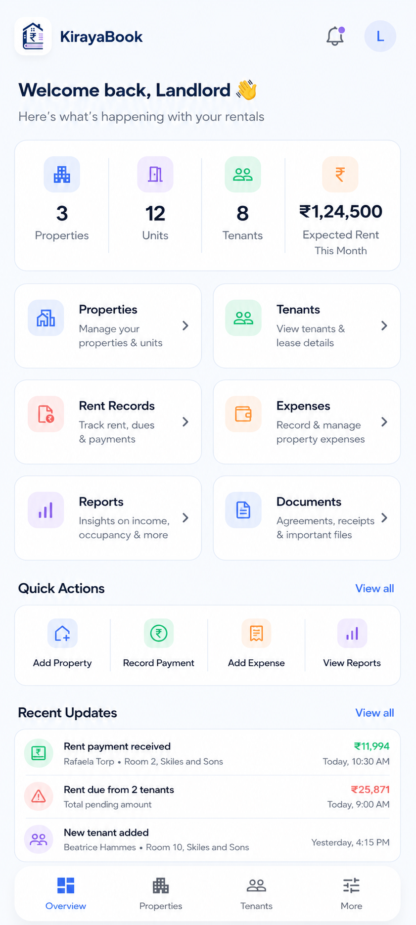 KirayaBook landlord overview mobile screen