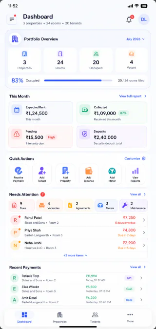 KirayaBook mobile overview screen