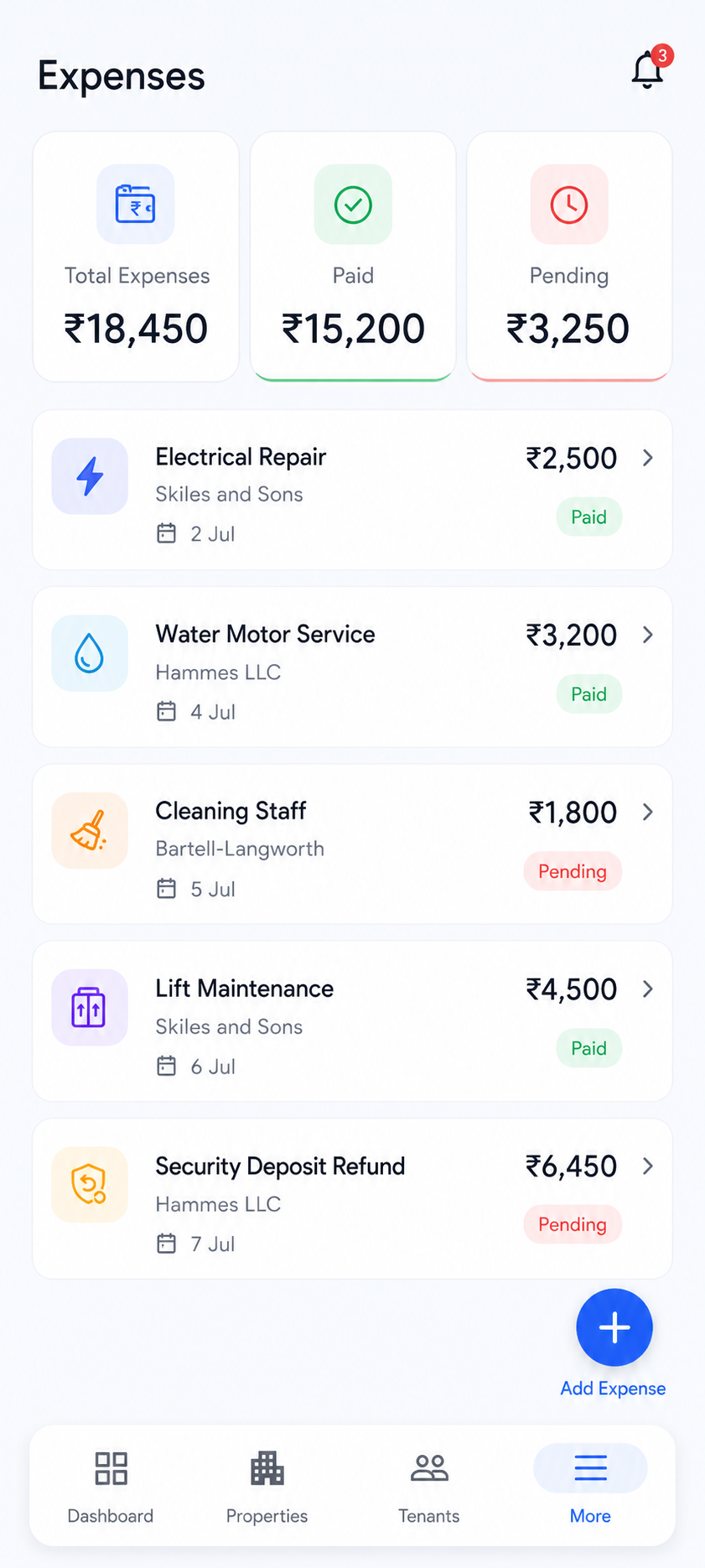 KirayaBook expenses screen with paid and pending property costs