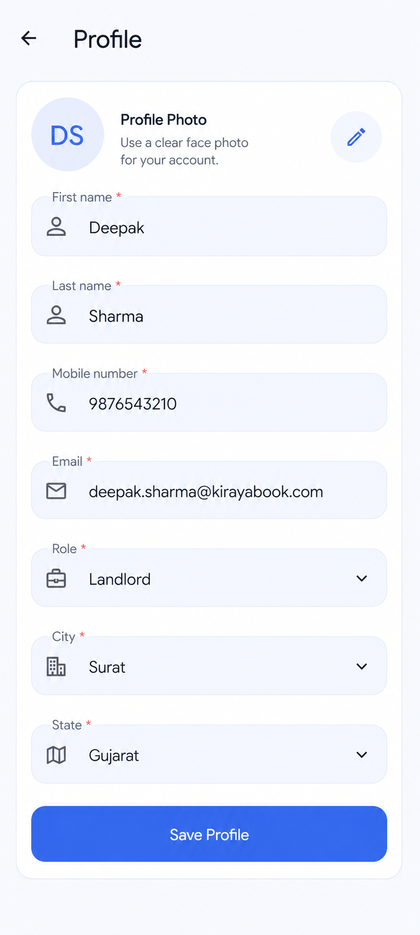 KirayaBook profile screen with account details and save button