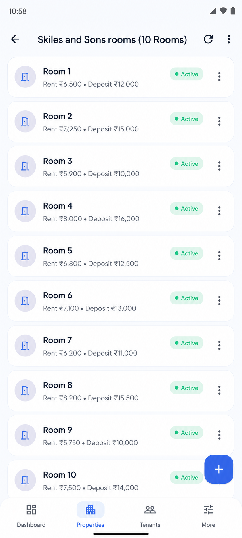 KirayaBook rooms screen showing rent, deposits and active status
